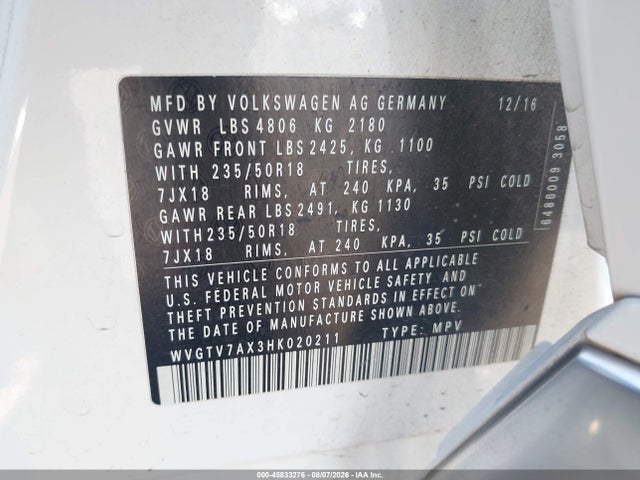 Aukcja sprzedaży 2017 Volkswagen Tiguan 2.0t Sport, vin: WVGTV7AX3HK020211, numer aukcji: 45833276
