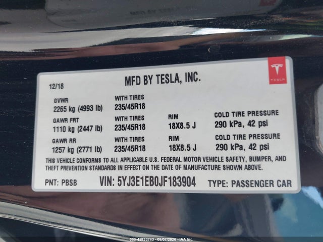 Продаж на аукціоні авто 2018 Tesla Model 3 Long Range/performance, vin: 5YJ3E1EB0JF183904, номер лоту: 45833283