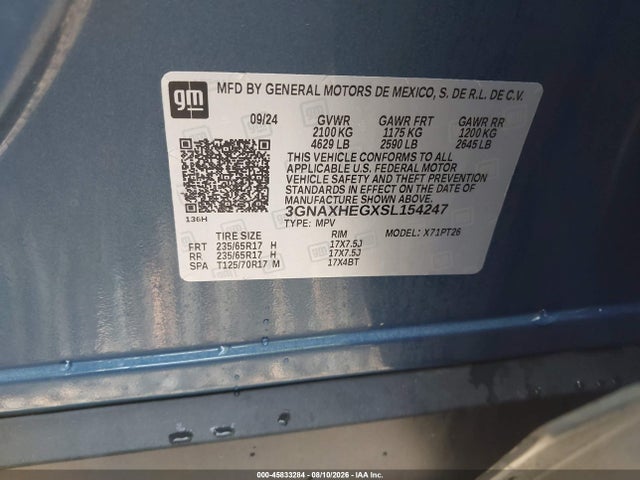 Aukcja sprzedaży 2025 Chevrolet Equinox Fwd Lt, vin: 3GNAXHEGXSL154247, numer aukcji: 45833284