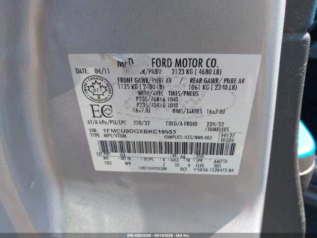 2011 Ford Escape Xlt Automatic მანქანა იყიდება აუქციონზე, vin: 1FMCU9DGXBKC19953, აუქციონის ნომერი: 45833288