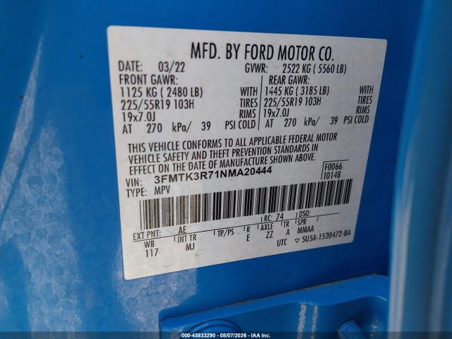 Продажа на аукционе авто 2022 Ford Mustang Mach-e Premium, vin: 3FMTK3R71NMA20444, номер лота: 45833290