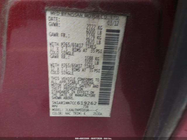 45833300 :رقم المزاد ، 5N1AR1NN7CC619262 vin ، 2012 Nissan Pathfinder Sv مزاد بيع