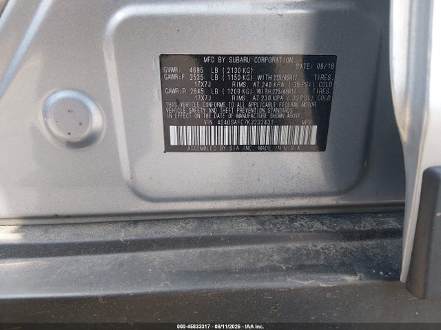 2019 Subaru Outback 2.5i Premium მანქანა იყიდება აუქციონზე, vin: 4S4BSAFC7K3233431, აუქციონის ნომერი: 45833317