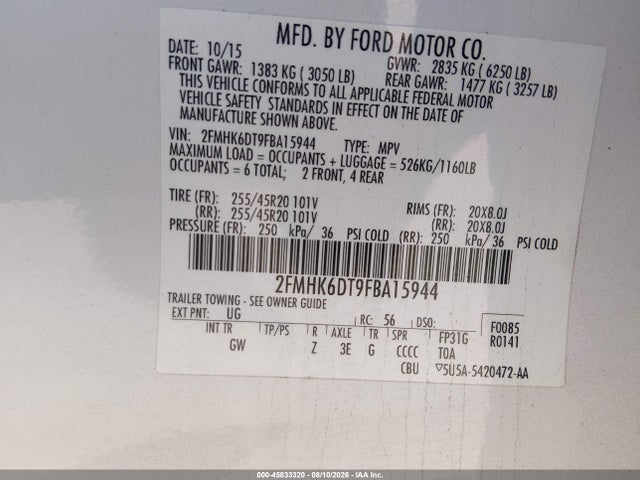 45833320 :رقم المزاد ، 2FMHK6DT9FBA15944 vin ، 2015 Ford Flex Limited مزاد بيع