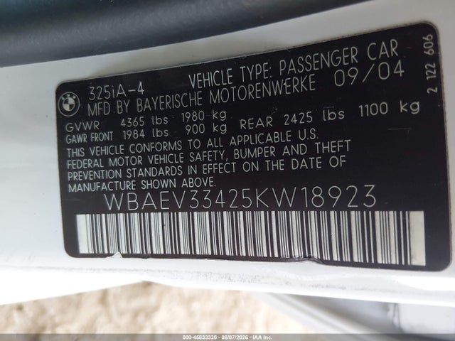 Продажа на аукционе авто 2005 Bmw 325i, vin: WBAEV33425KW18923, номер лота: 45833330