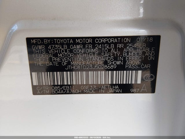 Продажа на аукционе авто 2018 Lexus Is 300, vin: JTHC81D23J5028689, номер лота: 45833333