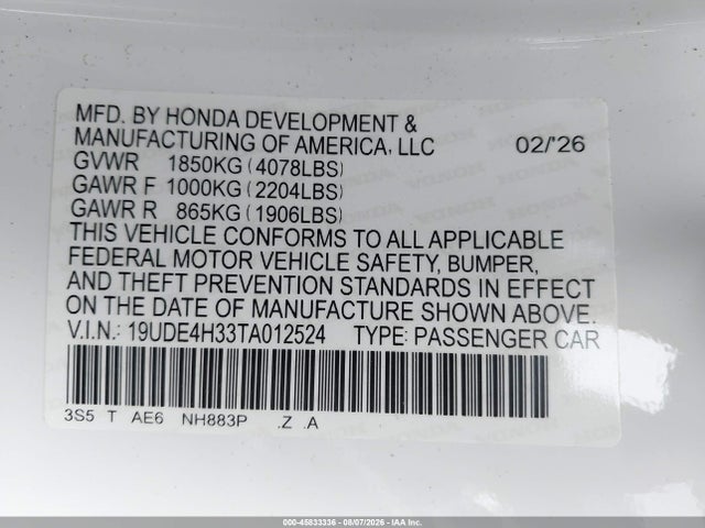 Продажа на аукционе авто 2026 Acura Integra Fwd A-spec, vin: 19UDE4H33TA012524, номер лота: 45833336