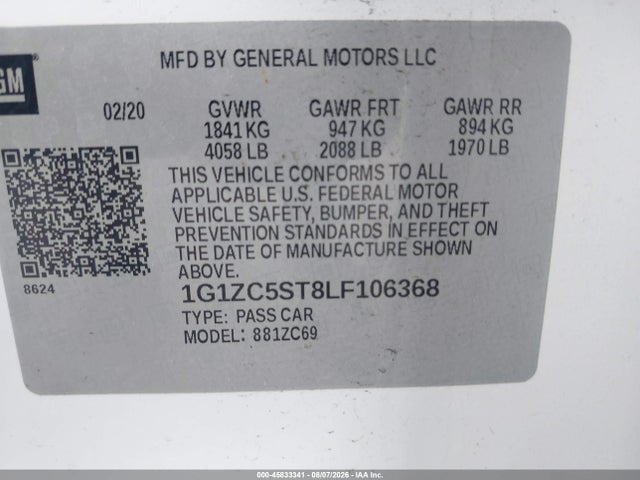45833341 :رقم المزاد ، 1G1ZC5ST8LF106368 vin ، 2020 Chevrolet Malibu Fwd 1fl مزاد بيع