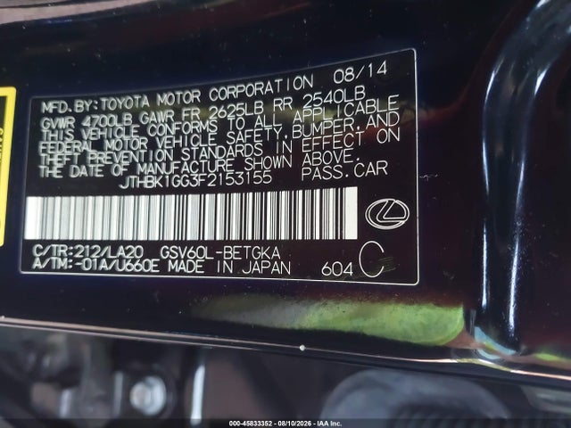 Продаж на аукціоні авто 2015 Lexus Es 350, vin: JTHBK1GG3F2153155, номер лоту: 45833352