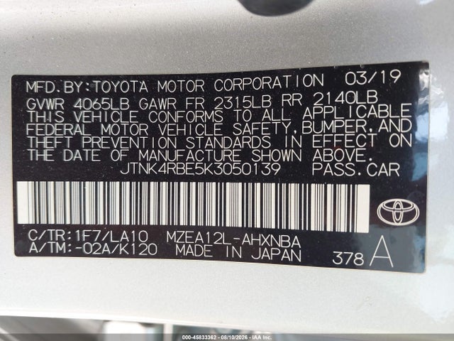 45833362 :رقم المزاد ، JTNK4RBE5K3050139 vin ، 2019 Toyota Corolla Xse مزاد بيع