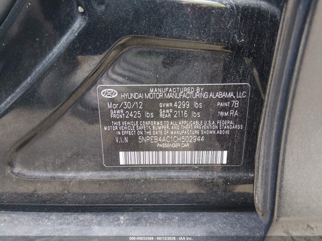 Продажа на аукционе авто 2012 Hyundai Sonata Gls, vin: 5NPEB4AC1CH502944, номер лота: 45833369