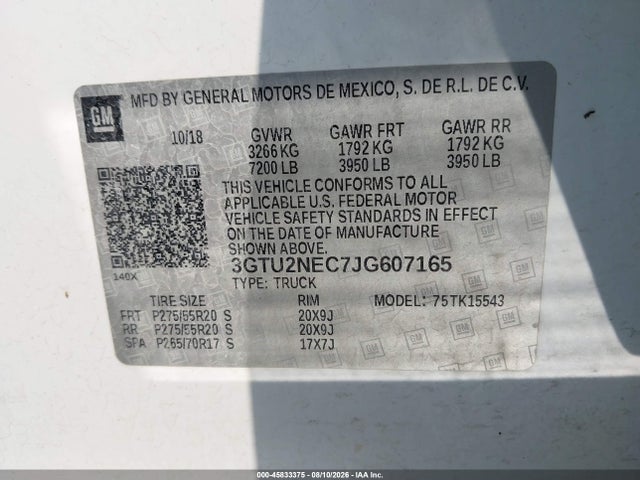 Продаж на аукціоні авто 2018 Gmc Sierra 1500 Slt, vin: 3GTU2NEC7JG607165, номер лоту: 45833375