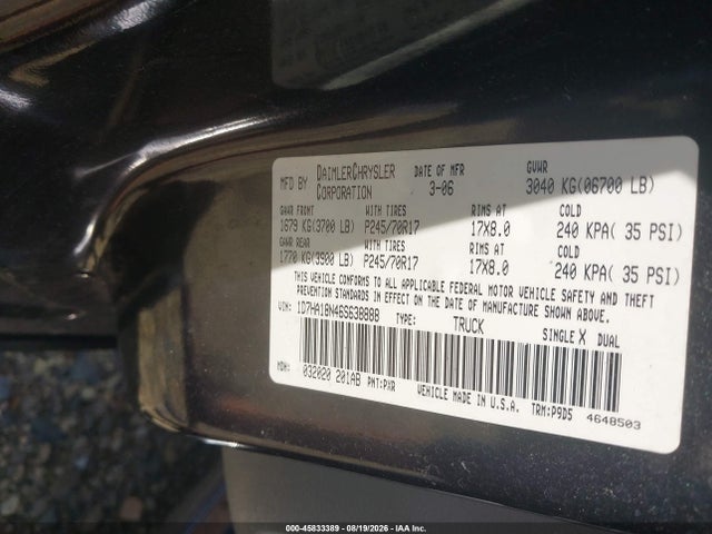 2006 Dodge Ram 1500 St მანქანა იყიდება აუქციონზე, vin: 1D7HA18N46S638888, აუქციონის ნომერი: 45833389