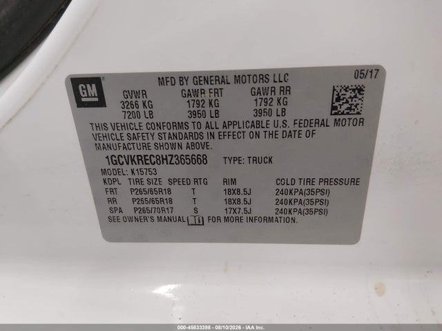 2017 Chevrolet Silverado 1500 Lt მანქანა იყიდება აუქციონზე, vin: 1GCVKREC8HZ365668, აუქციონის ნომერი: 45833398