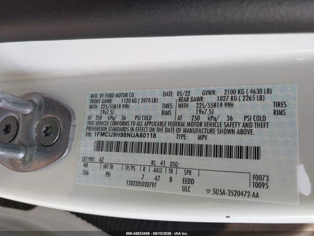 Продаж на аукціоні авто 2022 Ford Escape Sel, vin: 1FMCU9H98NUA80118, номер лоту: 45833409