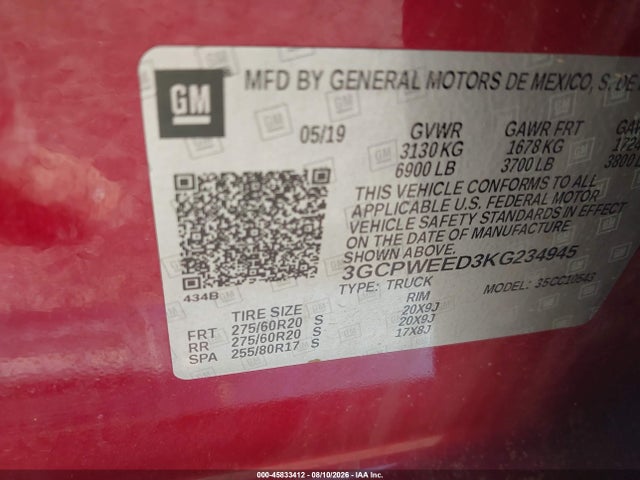 Продажа на аукционе авто 2019 Chevrolet Silverado 1500 Ltz, vin: 3GCPWEED3KG234945, номер лота: 45833412