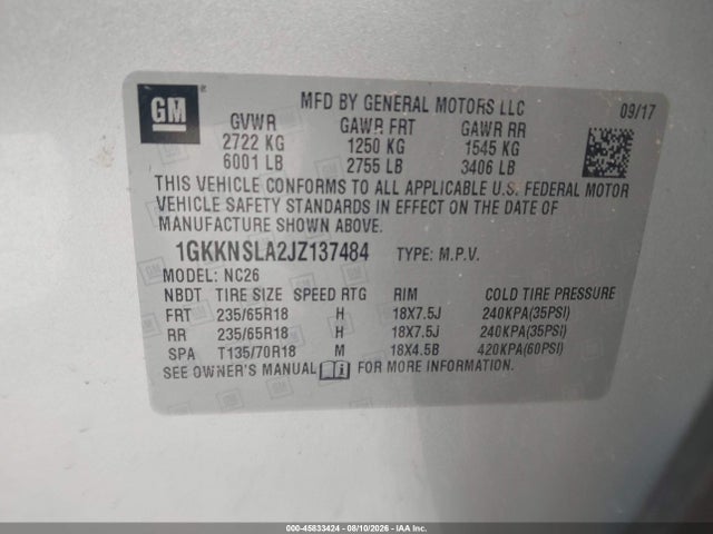 2018 Gmc Acadia Sle-2 მანქანა იყიდება აუქციონზე, vin: 1GKKNSLA2JZ137484, აუქციონის ნომერი: 45833424