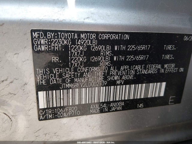 45833463 :رقم المزاد ، JTMM6RFV2LD002739 vin ، 2020 Toyota Rav4 Hybrid Le مزاد بيع
