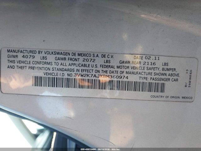 2011 Volkswagen Jetta 2.0l S მანქანა იყიდება აუქციონზე, vin: 3VW2K7AJXBM360974, აუქციონის ნომერი: 45833468