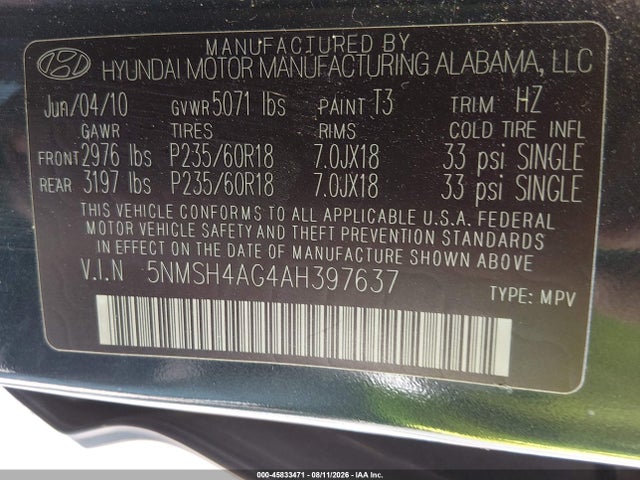 Продаж на аукціоні авто 2010 Hyundai Santa Fe Se, vin: 5NMSH4AG4AH397637, номер лоту: 45833471