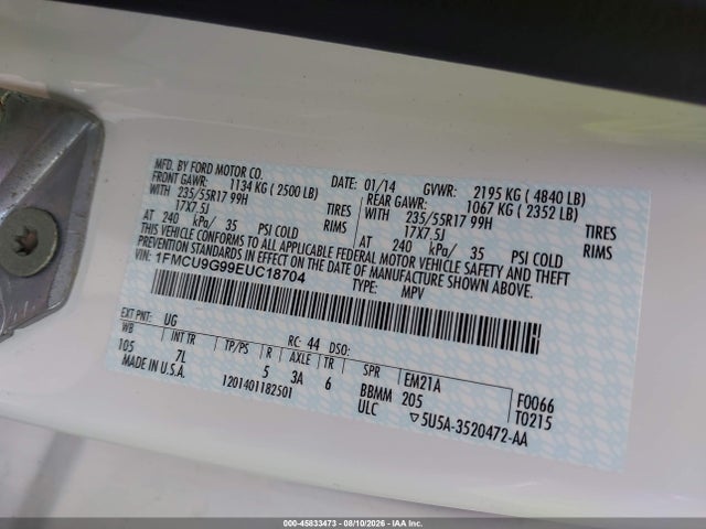 Продаж на аукціоні авто 2014 Ford Escape Se, vin: 1FMCU9G99EUC18704, номер лоту: 45833473