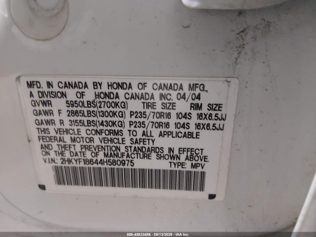 Aukcja sprzedaży 2004 Honda Pilot Ex-l, vin: 2HKYF18644H580975, numer aukcji: 45833486