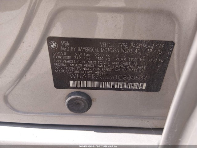 Продаж на аукціоні авто 2011 Bmw 535i, vin: WBAFR7C55BC800534, номер лоту: 45833495