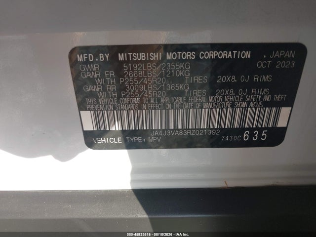 45833516 :رقم المزاد ، JA4J3VA83RZ021392 vin ، 2024 Mitsubishi Outlander Se 2.5 2wd مزاد بيع