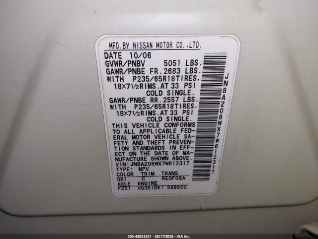Auction sale of the 2007 Nissan Murano Sl, vin: JN8AZ08WX7W612317, lot number: 45833521