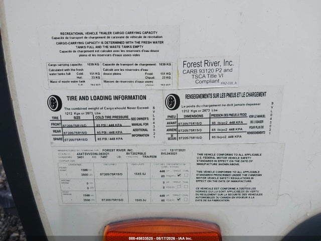Продажа на аукционе авто 2022 Forest River Camper, vin: 4X4TSVV23NL043021, номер лота: 45833525