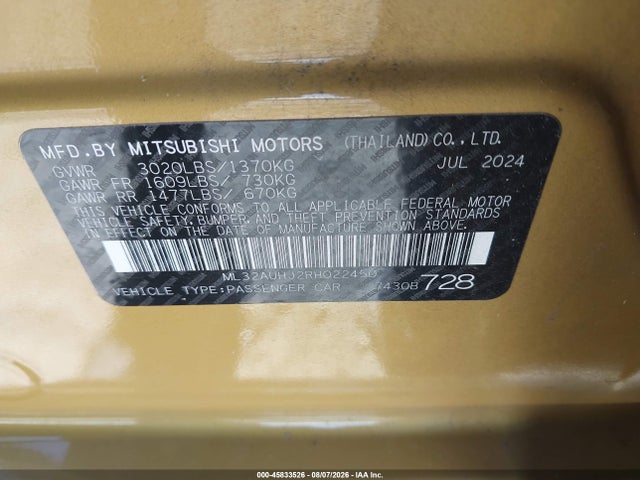2024 Mitsubishi Mirage Es/le მანქანა იყიდება აუქციონზე, vin: ML32AUHJ2RH022450, აუქციონის ნომერი: 45833526