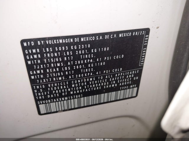 45833531 :رقم المزاد ، 3VV0B7AXXNM157801 vin ، 2022 Volkswagen Tiguan 2.0t S مزاد بيع