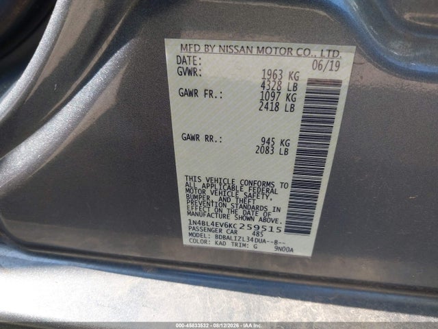 Продажа на аукционе авто 2019 Nissan Altima 2.5 Sl, vin: 1N4BL4EV6KC259515, номер лота: 45833532