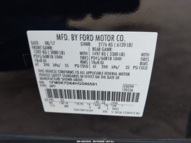 2017 Ford Explorer Xlt მანქანა იყიდება აუქციონზე, vin: 1FM5K7D84HGD86591, აუქციონის ნომერი: 45833542