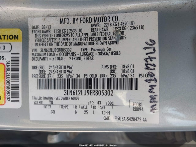 2014 Lincoln Mkz Hybrid მანქანა იყიდება აუქციონზე, vin: 3LN6L2LU9ER805302, აუქციონის ნომერი: 45833552