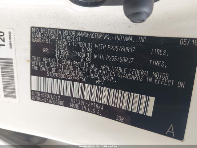 Aukcja sprzedaży 2016 Toyota Sienna Xle 8 Passenger, vin: 5TDYK3DC0GS749150, numer aukcji: 45833555