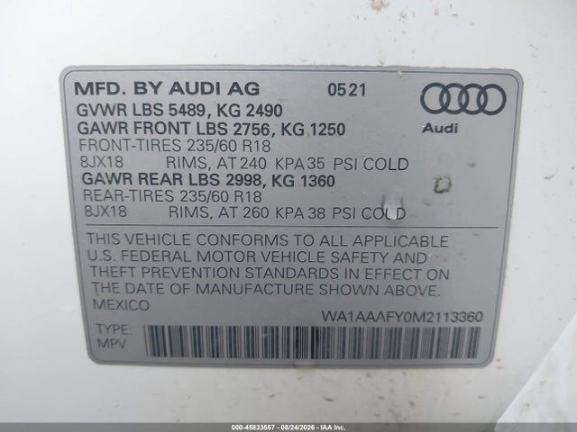 Aukcja sprzedaży 2021 Audi Q5 Premium 45 Tfsi Quattro S Tronic, vin: WA1AAAFY0M2113360, numer aukcji: 45833557