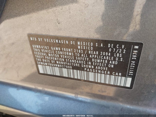 Продаж на аукціоні авто 2022 Volkswagen Jetta 1.5t Sel, vin: 3VWGM7BUXNM027008, номер лоту: 45833574