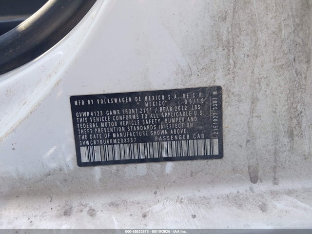 45833578 :رقم المزاد ، 3VWCB7BU6KM203357 vin ، 2019 Volkswagen Jetta 1.4t R-line/1.4t S/1.4t Se مزاد بيع