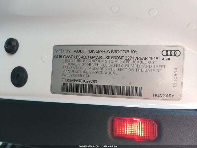 2016 Audi Tt 2.0t მანქანა იყიდება აუქციონზე, vin: TRUC5AFV0G1029760, აუქციონის ნომერი: 45833581