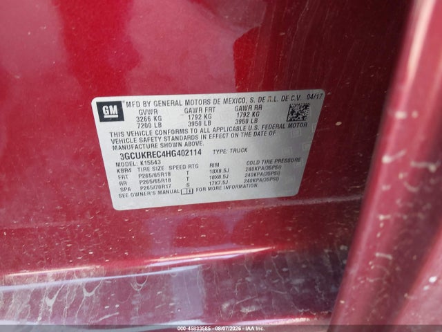 Aukcja sprzedaży 2017 Chevrolet Silverado 1500 Lt, vin: 3GCUKREC4HG402114, numer aukcji: 45833585