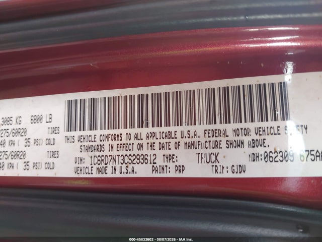 2012 Ram 1500 Laramie მანქანა იყიდება აუქციონზე, vin: 1C6RD7NT3CS293612, აუქციონის ნომერი: 45833602