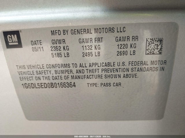 2011 Cadillac Cts Performance მანქანა იყიდება აუქციონზე, vin: 1G6DL5ED0B0166364, აუქციონის ნომერი: 45833609
