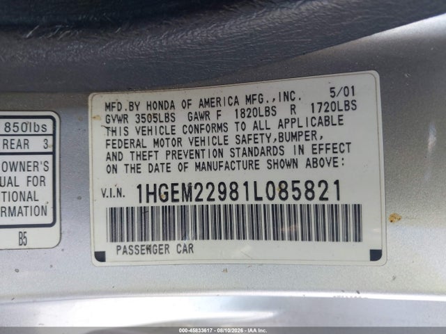 45833617 :رقم المزاد ، 1HGEM22981L085821 vin ، 2001 Honda Civic Ex مزاد بيع