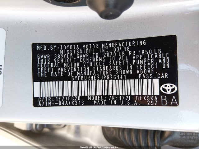 Toyota COROLLA SE 2018 5YFBURHE3JP826141 Image 9