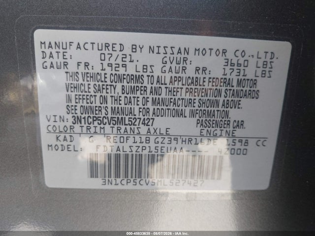 45833635 :رقم المزاد ، 3N1CP5CV5ML527427 vin ، 2021 Nissan Kicks Sv Xtronic Cvt مزاد بيع