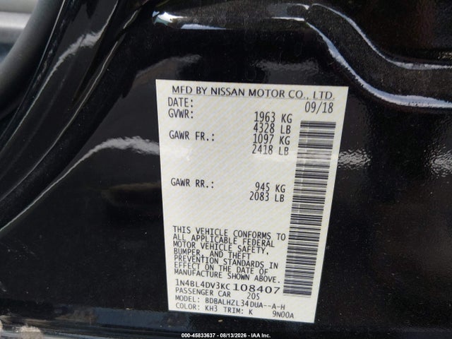 1N4BL4DV3KC108407 Nissan Altima 2.5 Sv
