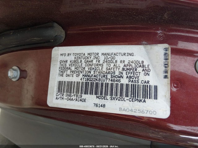 Aukcja sprzedaży 2001 Toyota Camry Le, vin: 4T1BG22K81U774646, numer aukcji: 45833678