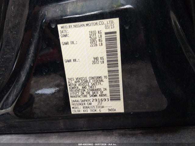 Продажа на аукционе авто 2015 Nissan Altima 2.5 S, vin: 1N4AL3APXFC291693, номер лота: 45833682