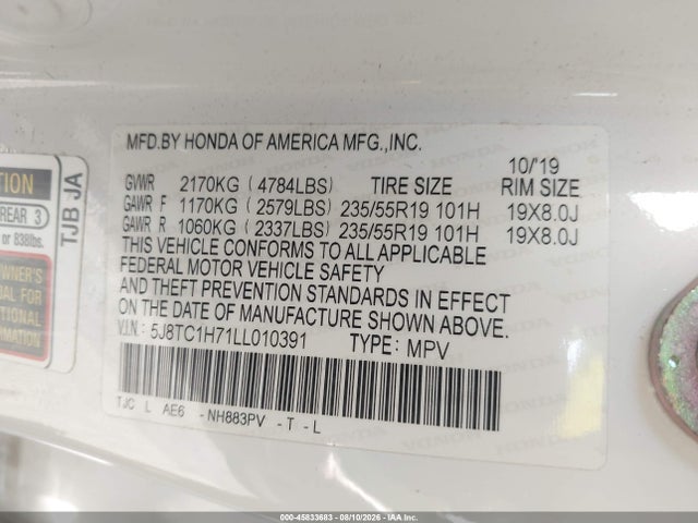 45833683 :رقم المزاد ، 5J8TC1H71LL010391 vin ، 2020 Acura Rdx Advance Package مزاد بيع